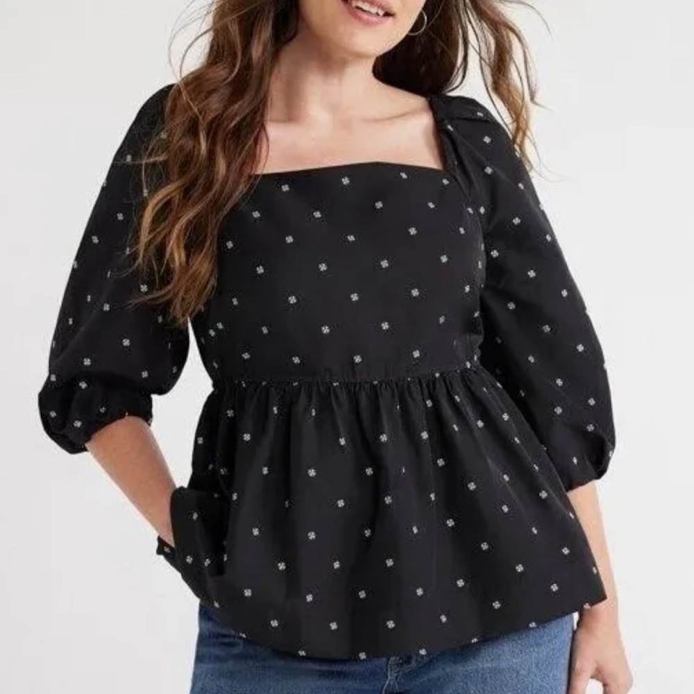 NWT Free Assembly square neck 3/4 sleeve  poplin top ruching on back